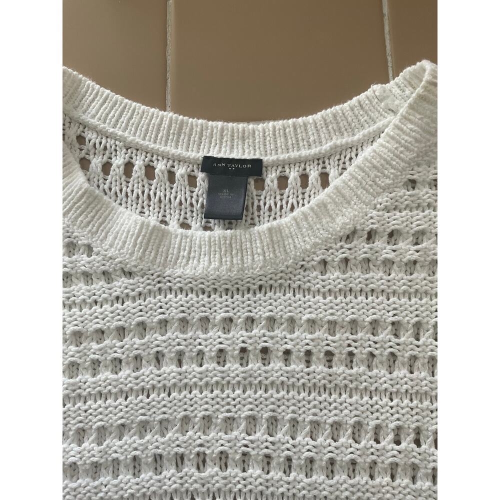 Ann Taylor White Linen Blend Open-Knit Short-Sleeve Sweater Ribbed Hem Size XL - Picture 4 of 5